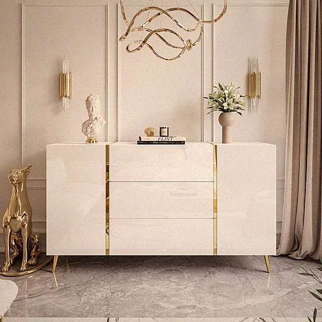 Kommode DIAMANT weiß Hochglanzweiß auf goldenen Beinen 158 cm SIDEBOARD Möbel