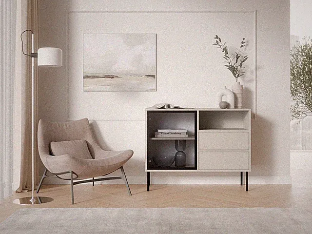 Kommode DOMI 100 cm | 1D2S | Glasfront | Metallfüße 20 cm | PUSH TOP OPEN
