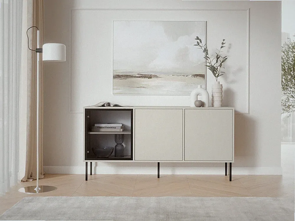 Kommode DOMI 150 cm | Glasfront | Sideboard | Push-to-Open | Metallfüße 20 cm
