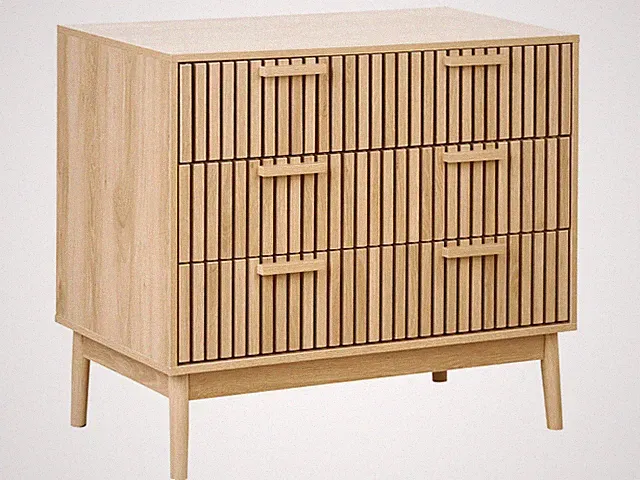 Kommode halbhoch heller Holzfarbton Lamellen-Optik mit 3 Schubladen Lynwood