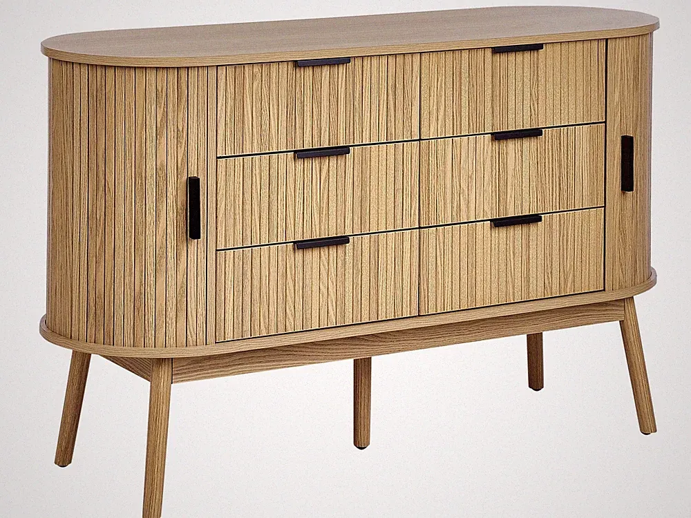 Kommode heller Holzfarbton mit 6 Schubladen 2 Schiebetüren Selah