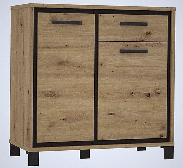 Kommode Highboard 2 Türen 1 Schublade Artisan Eiche Dekor Schwarz 92 x 92 cm