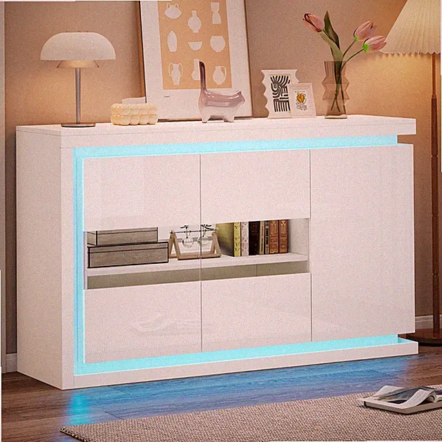 Kommode Hochglanz Sideboard Mehrzweckschrank LED Beleuchtung 4 Fächern GlasTüren