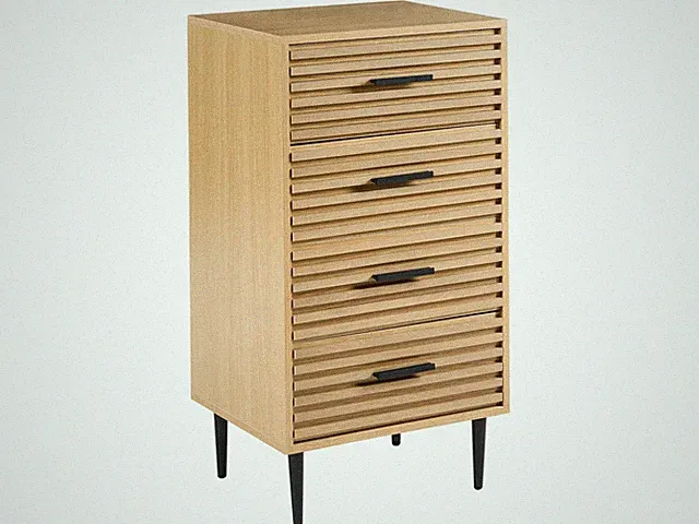 Kommode Holzoptik hellbraun Lamellenoptik mit 4 Schubladen Metallbeine modern Ke