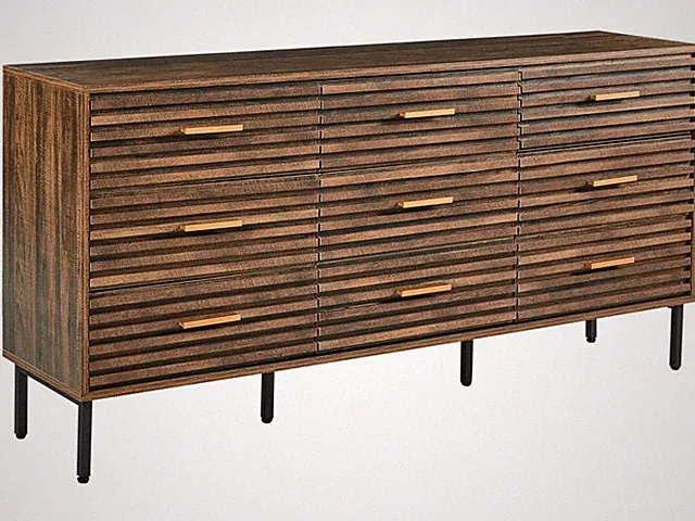 Kommode Holzoptik hellbraun Lamellenoptik mit 9 Schubladen Metallbeine modern