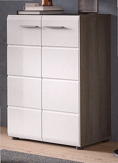 Kommode in weiß Hochglanz und Rauchsilber grau Sideboard 60 x 85 cm Rumba