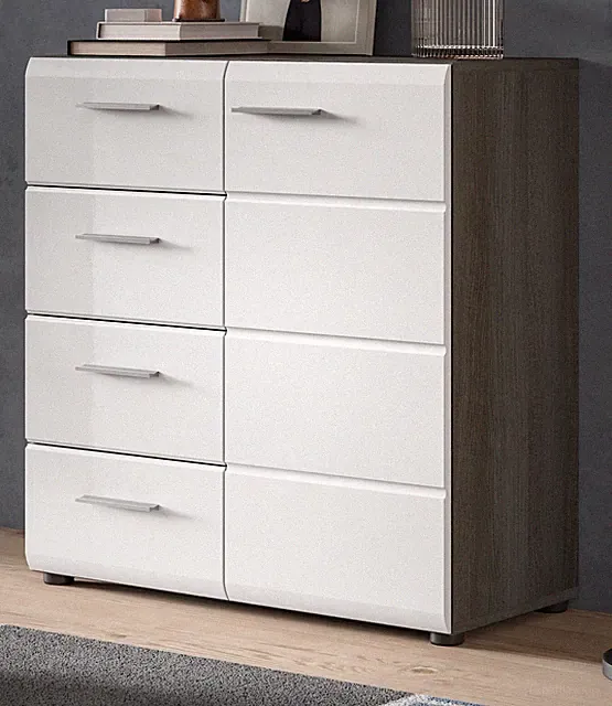 Kommode in weiß Hochglanz und Rauchsilber grau Sideboard 80 x 85 cm Rumba