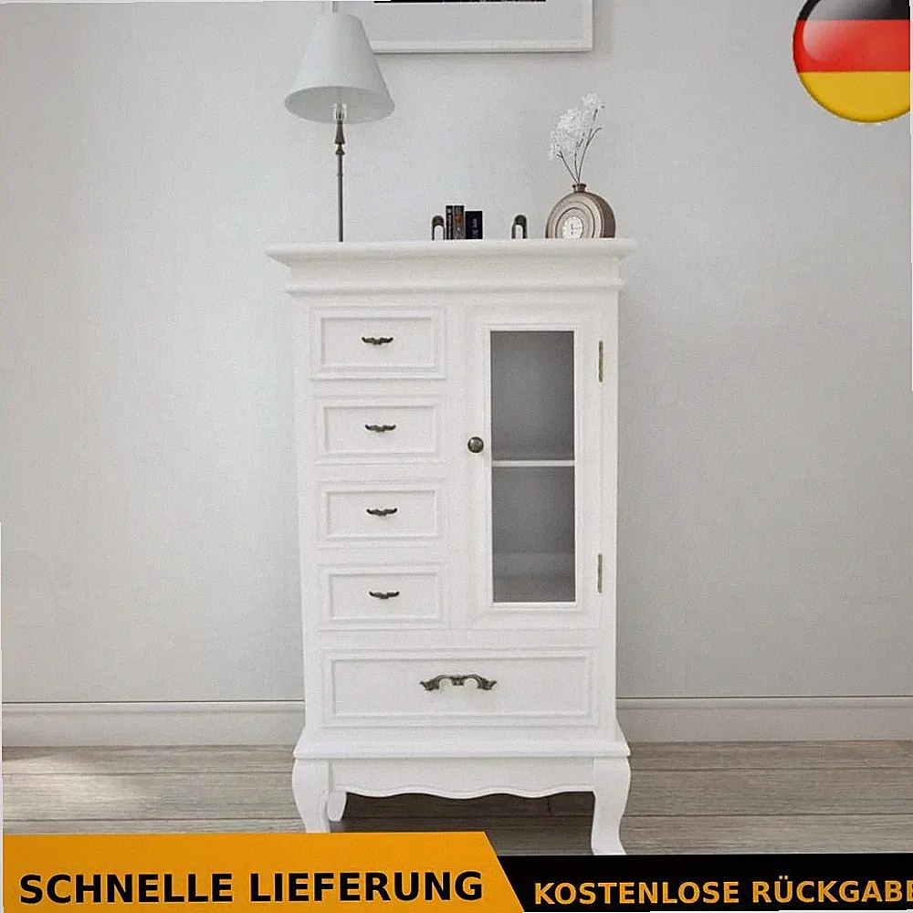 Kommode Konsole Schrank mit 5 Schubladen 2 Regal Antik Shabby Chic Vitrine Holz