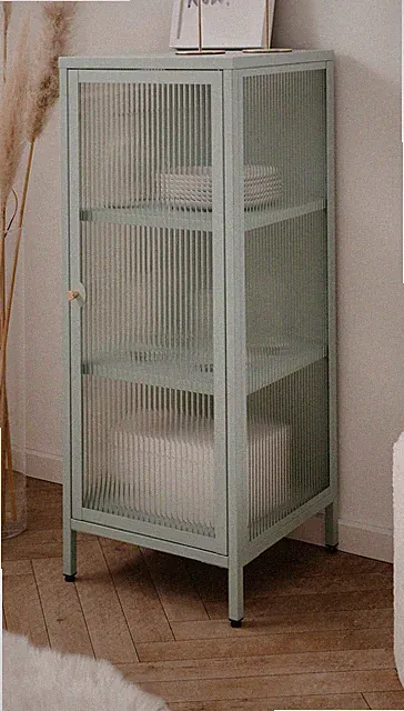 Kommode Metall mintgrün Vitrine Glasvitrine geriffeltes Glas 40 x 102 cm Maram