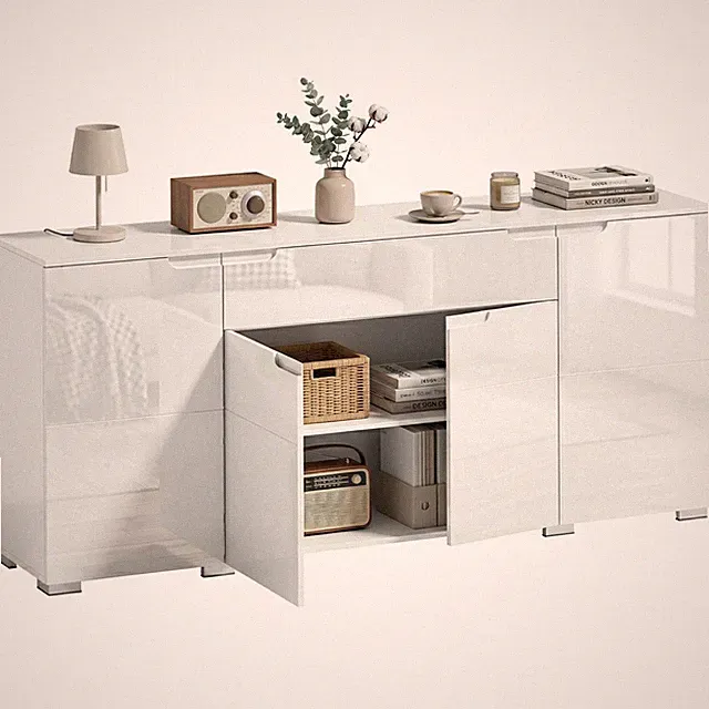 Kommode mit 1 Schublade, Sideboard mit 4 Türen und Verstellbarem Einlegeboden