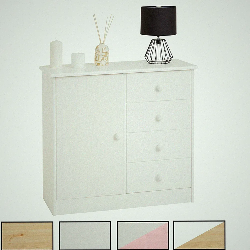 Kommode mit 1 Tür und 4 Schubladen Schubladenschrank im Landhausstil aus Kiefer