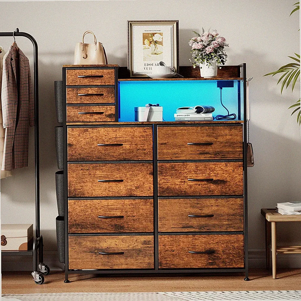 Kommode mit 11 Schubladen LED Steckdosen Sideboard Anrichte USB Beistellschrank