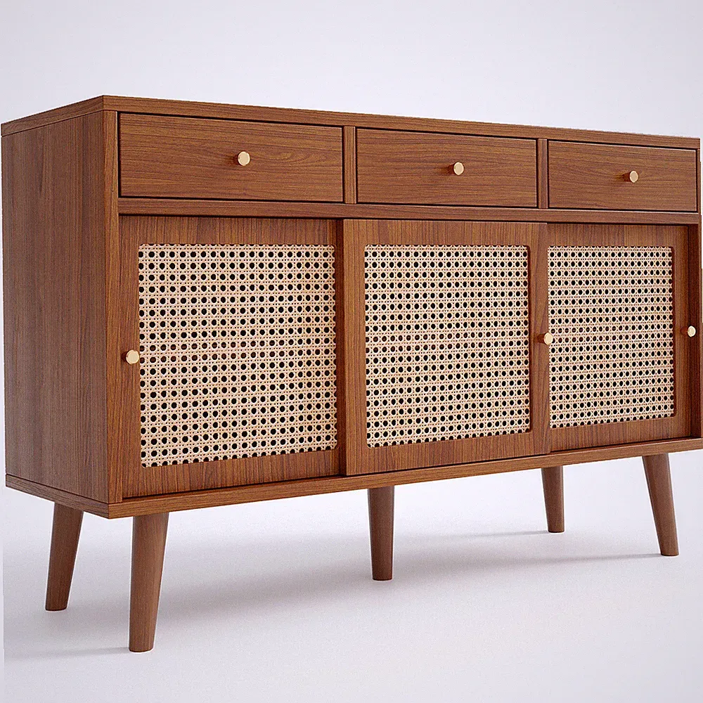 Kommode mit 3 Rattantüren 3 Schubladen Sideboard Schubladenkommode für Esszimmer