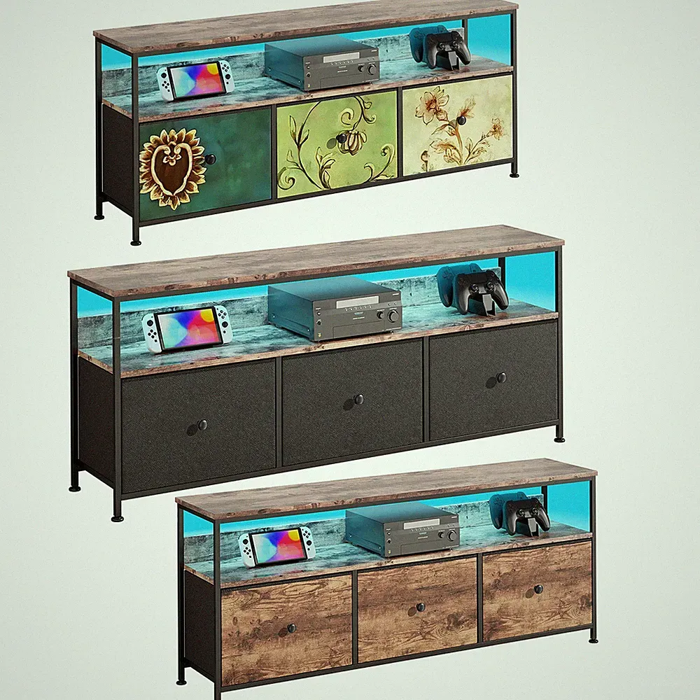 Kommode mit 3 Schubladen aus Stoff,TV Schrank mit LED Sideboard Wohnzimmer Möbel