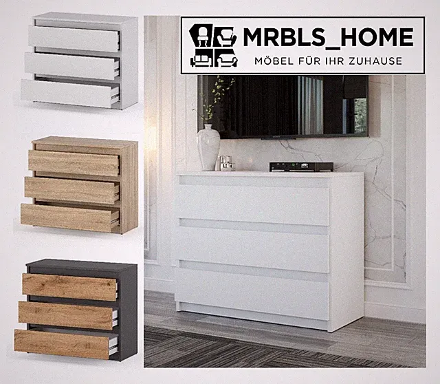 Kommode mit 3 Schubladen Sideboard Schubladenschrank Kleiderschrank Weiß Sonoma