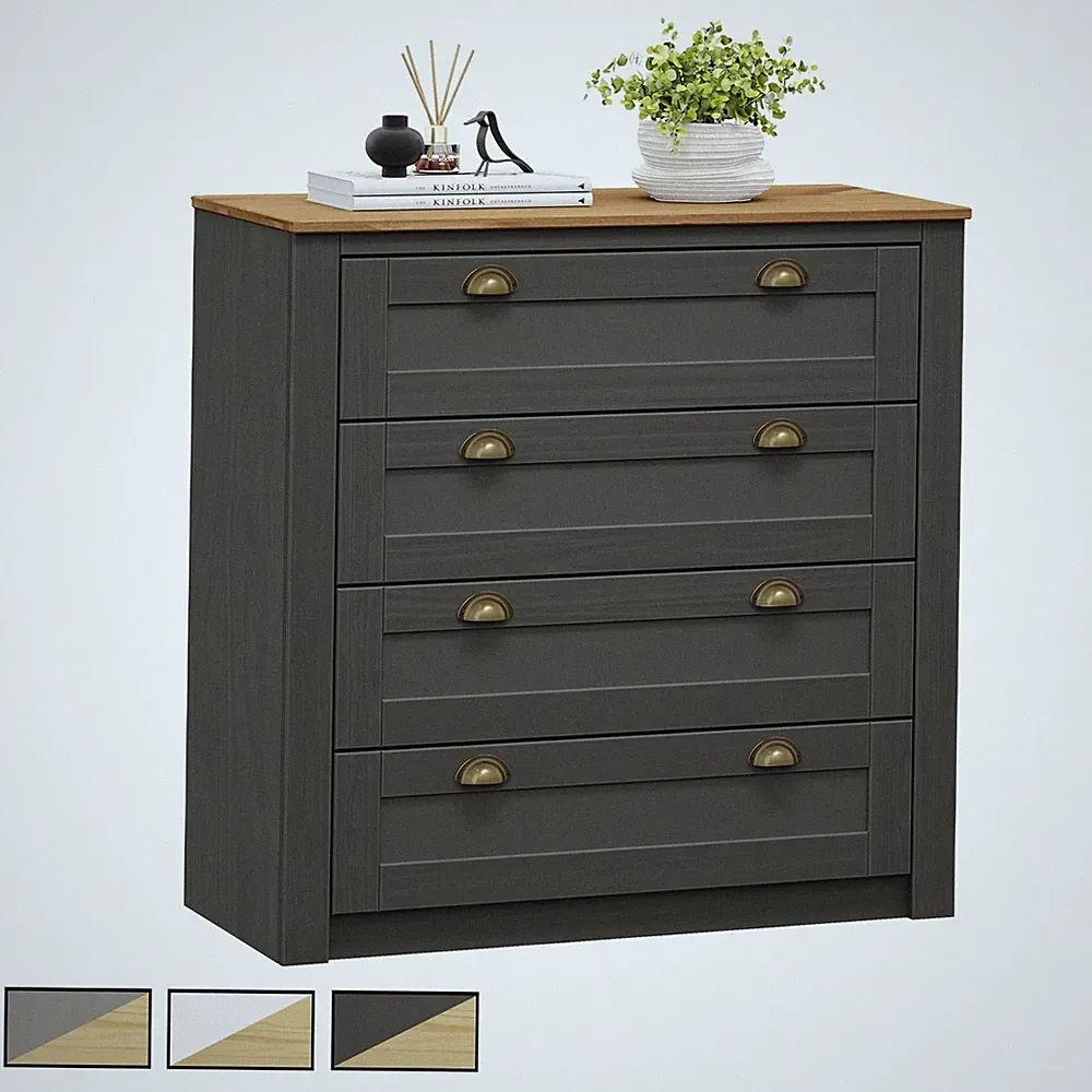 Kommode mit 4 Schubladen aus Kiefer Sideboard aus Massivholz mit Muschelgriffen