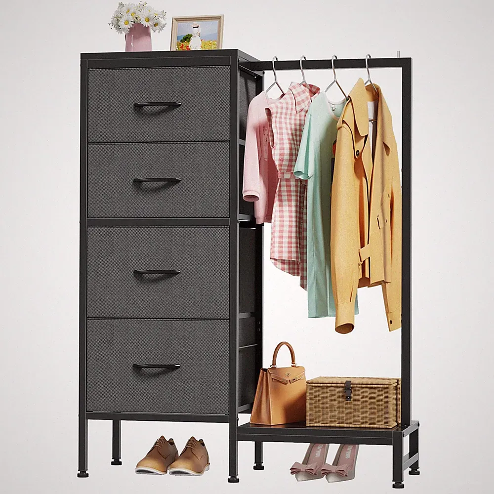 Kommode mit 4 Schubladen, Schubladenschrank Kleiderstange, Grau