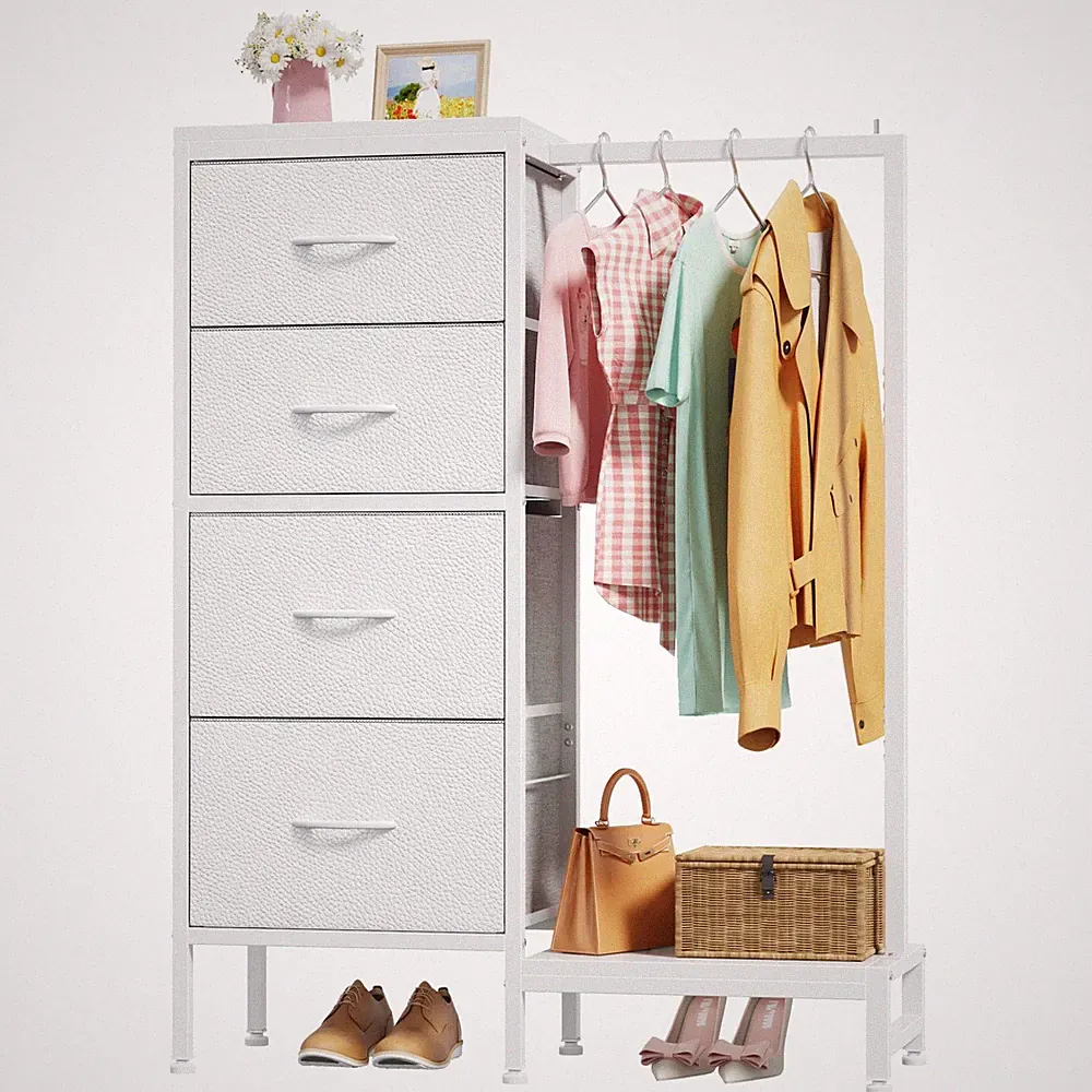 Kommode mit 4 Schubladen, Schubladenschrank Kleiderstange, Weiss