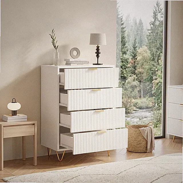 Kommode mit 4 Schubladen Sideboard Aufbewahrungsschrank Holz Wellenoptik Modern
