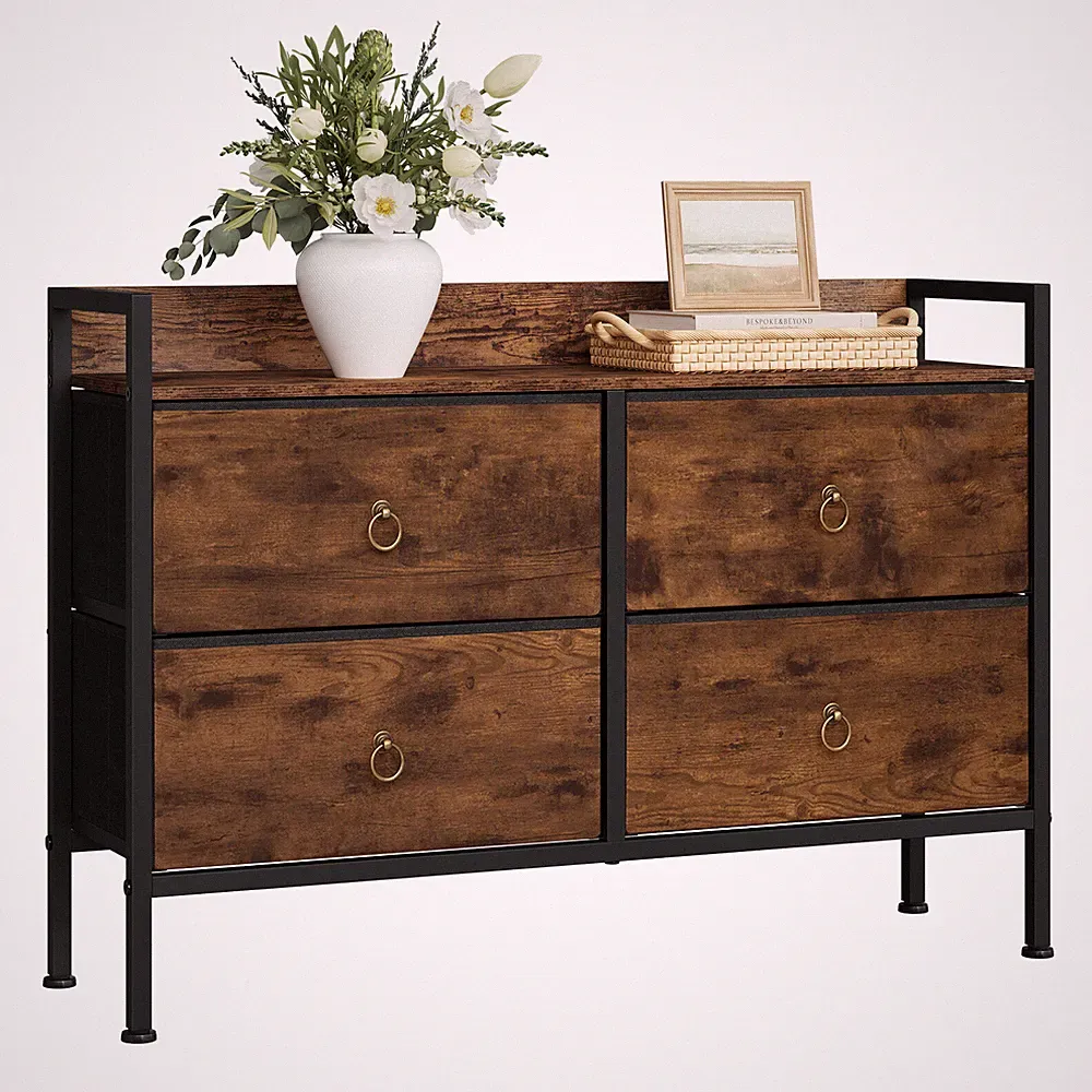 Kommode mit 4 Stoffschubladen Aufbewahrungsschrank Sideboard Metallrahmen Braun