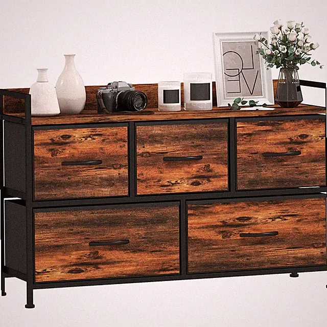 Kommode mit 5 Schubladen aus Stoff Kommodenschrank mit Stahlgestell Braun