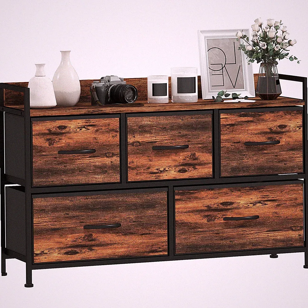 Kommode mit 5 Schubladen aus Stoff Kommodenschrank mit Stahlgestell Refurbished