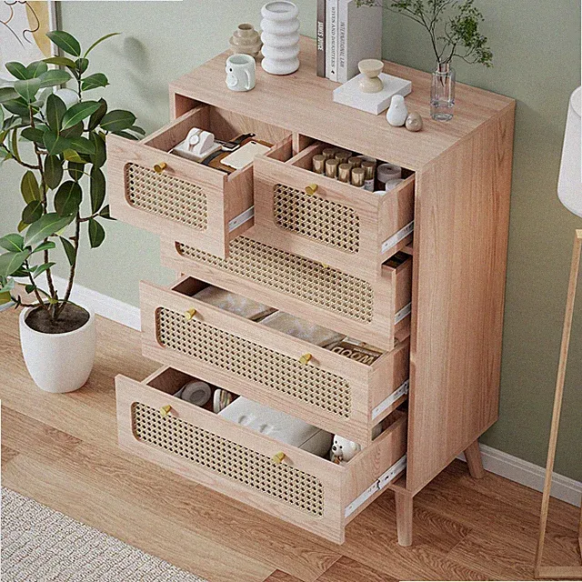 Kommode mit 5 Schubladen,Sideboard mit Stauraum Rattan Kommode Schlafzimmer,Holz