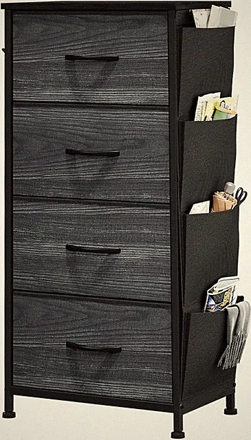 Kommode mit 5 Stoffschubladen, Metallgestell, Schwarze Holzmaserung