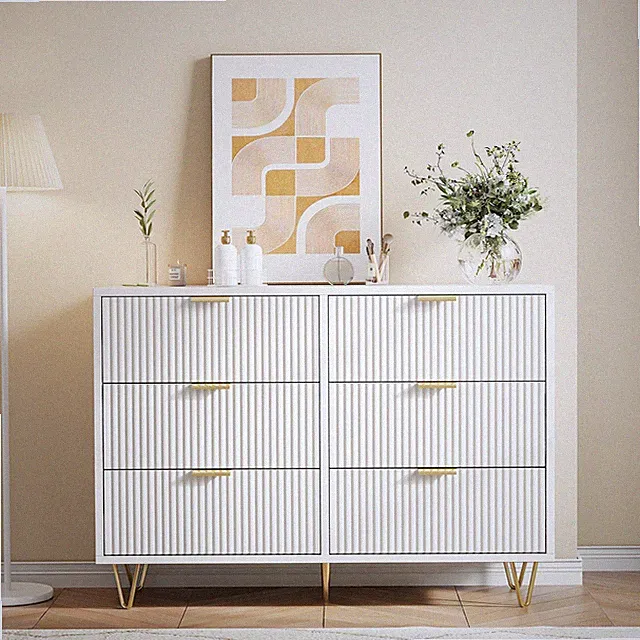 Kommode mit 6 Schubladen, Holzkommode, Kleiderschrank, Schrank mit Metallstiel