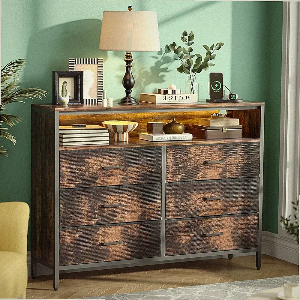 Kommode mit 6 Schubladen Sideboard Schrank Anrichte Highboard Retro holz DE