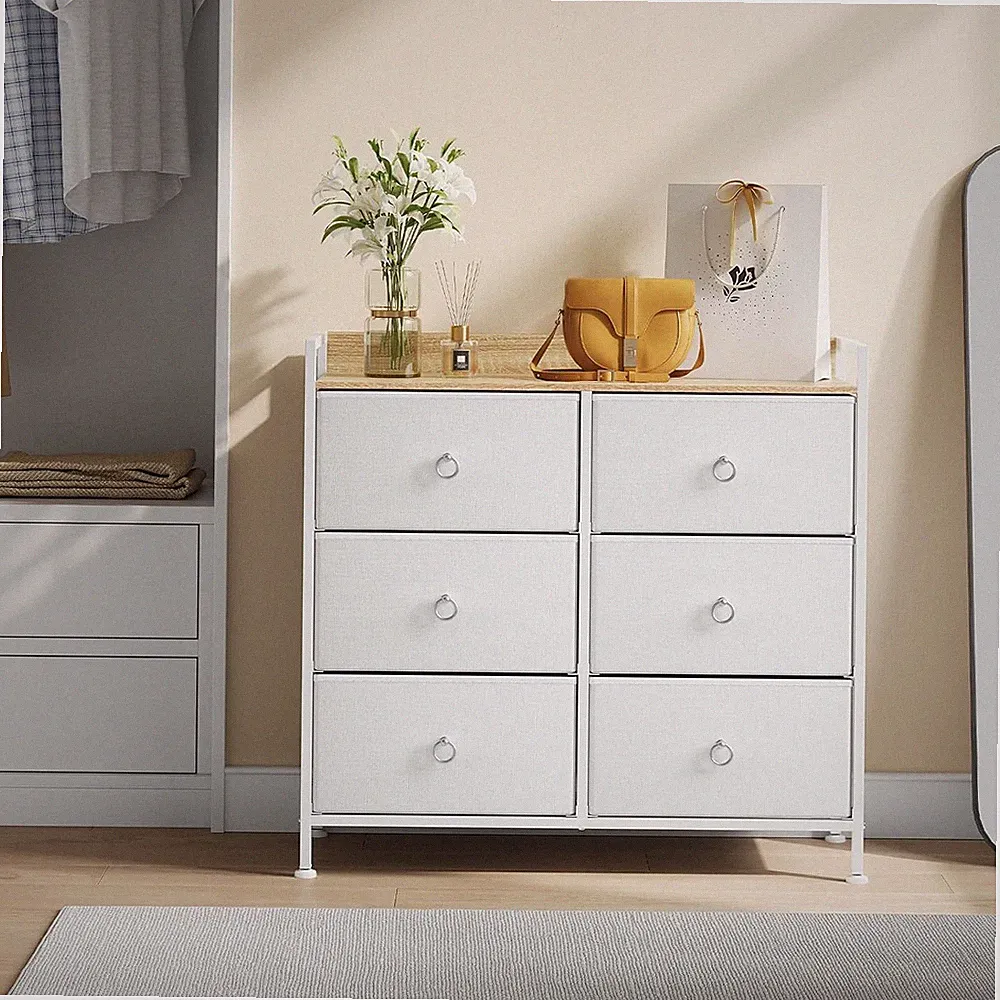 Kommode mit 6 Stoffschubladen Schrank Sideboard Weiß Aufbewahrungsschrank Modern