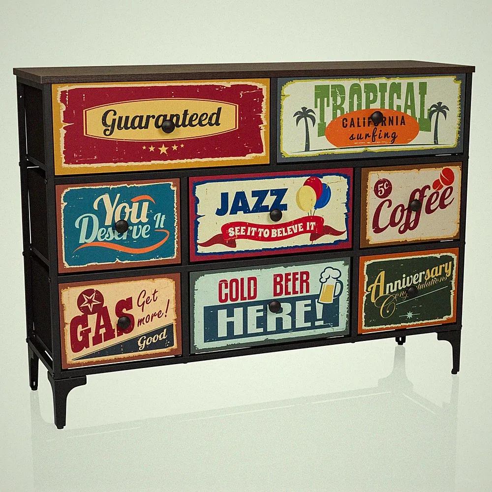 Kommode mit 8 Schubladen Stoff mit Motiv Vintage Sideboard Bunt 102,5x30x77,5cm