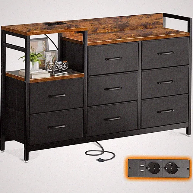 Kommode mit 8 Stoffschubladen Vintage Schwarz Stauraum Elektroniklade