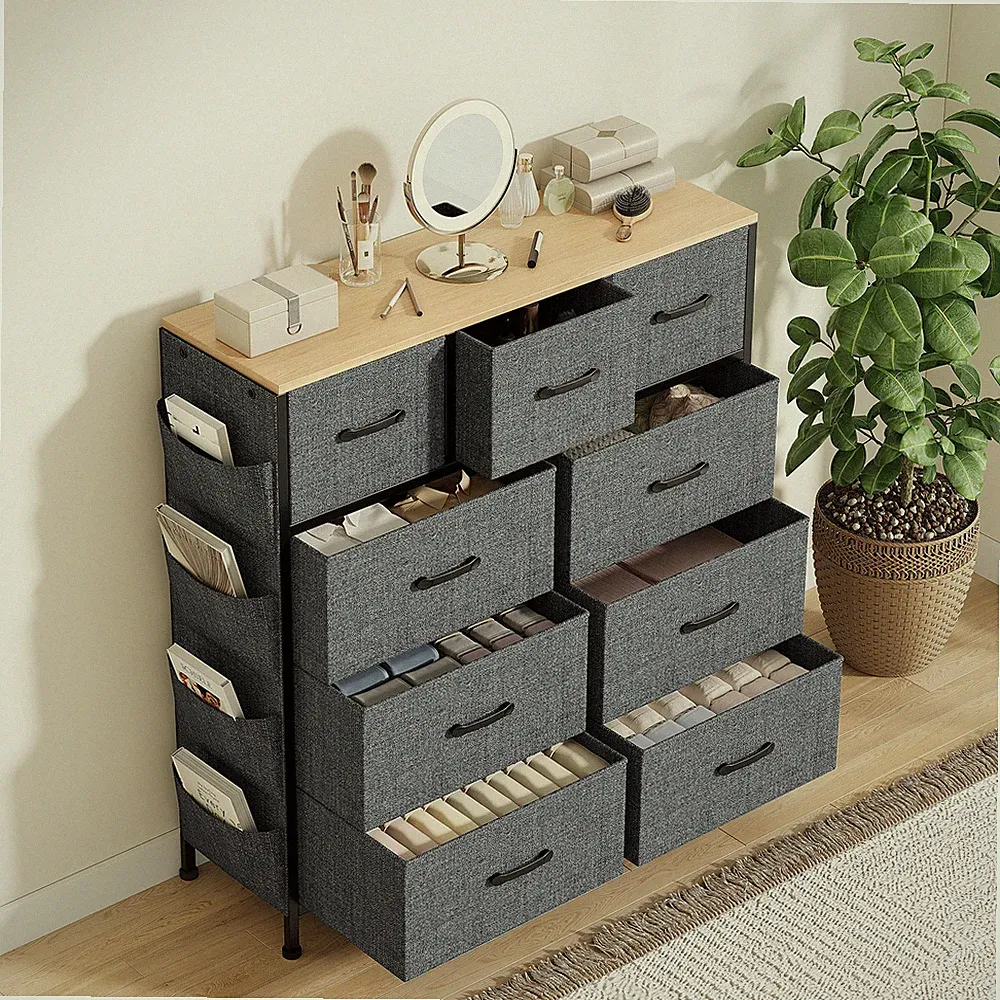 Kommode mit 9 Schubladen aus Stoff,Sideboard mit Stoffschubladen TV Schrank.