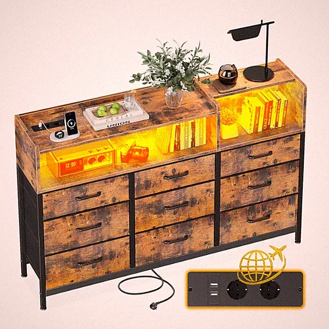 Kommode mit 9 Stoffschubladen 2 Steckdosen USB LED 10 Farben