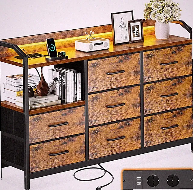 Kommode mit LED, 2 USB und 2 Steckdosen, 8 Vintage Stoffschubladen