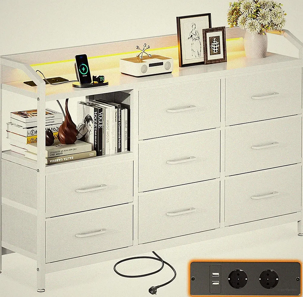 Kommode mit LED-Licht, USB & Steckdosen, große Stoffschubladen, stabil