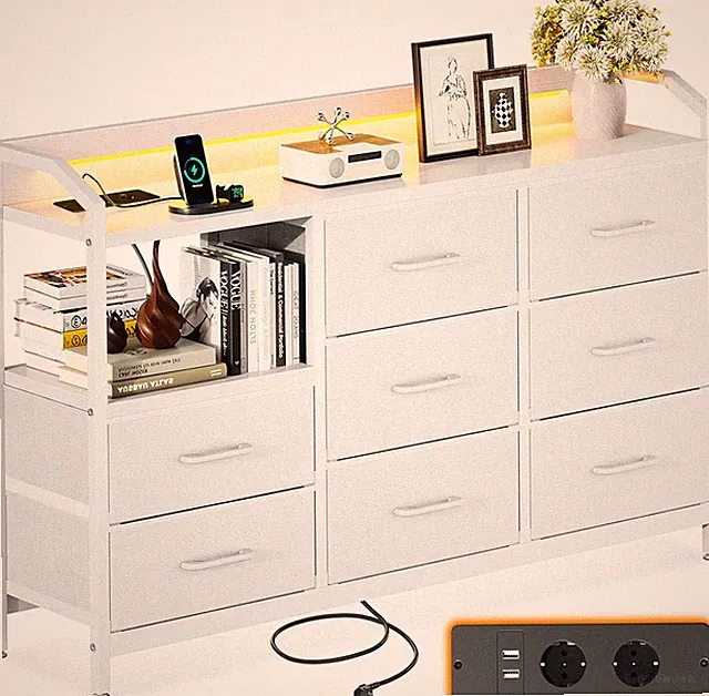 Kommode mit LED-Licht, USB & Steckdosen, große Stoffschubladen, stabil