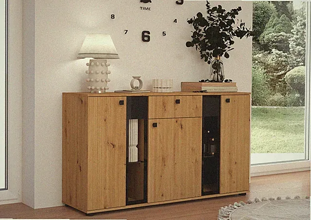 Kommode Salsa 2 Lamellenoptik Anbauwand Wohnwand Sideboard MDF Eiche Artisan