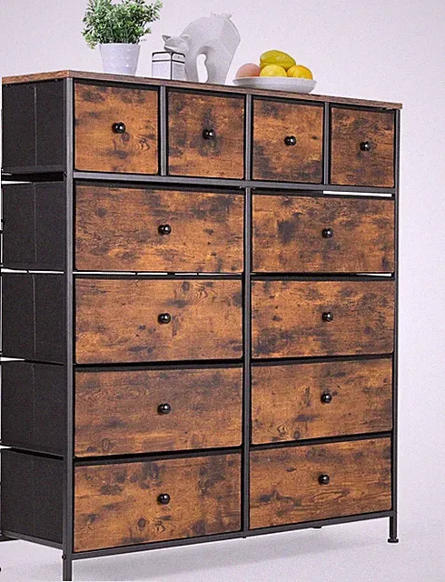 Kommode Schrank 12 Schubladen aus Stoff Sideboard Kleiderschränke Metallrahmen