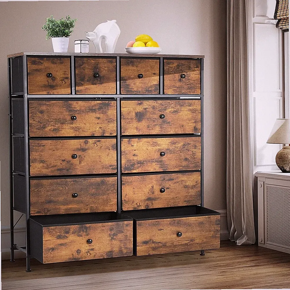 Kommode Schrank 12 Schubladen aus Stoff Sideboard Kleiderschränke Metallrahmen