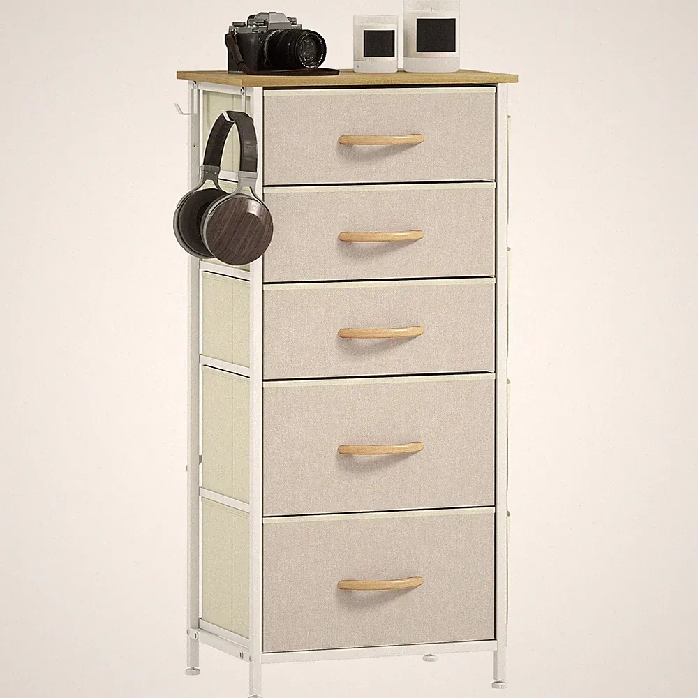 Kommode Schrank mit 5 Schubladen aus Vliesstoff, Haken, Seitentasche Beige