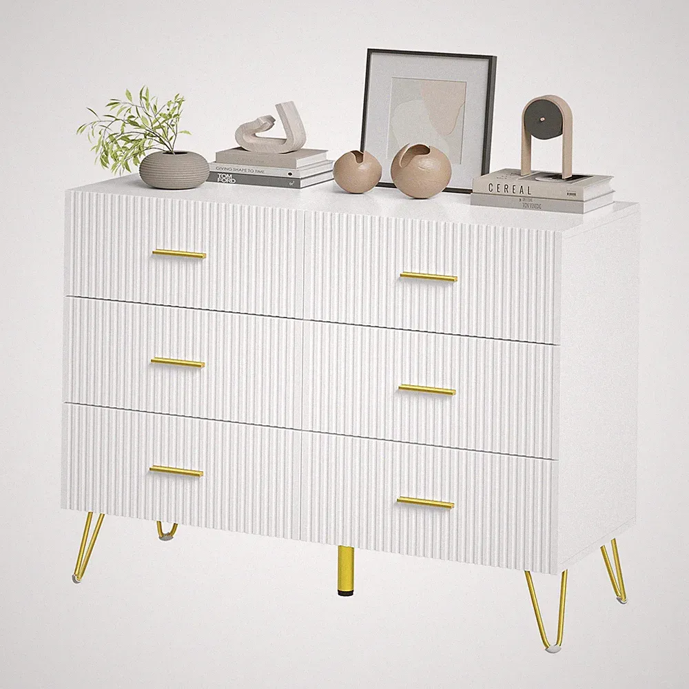 Kommode Schrank mit 6 Schubladen modernes Sideboard Weiß + Gold 100×40×75 cm