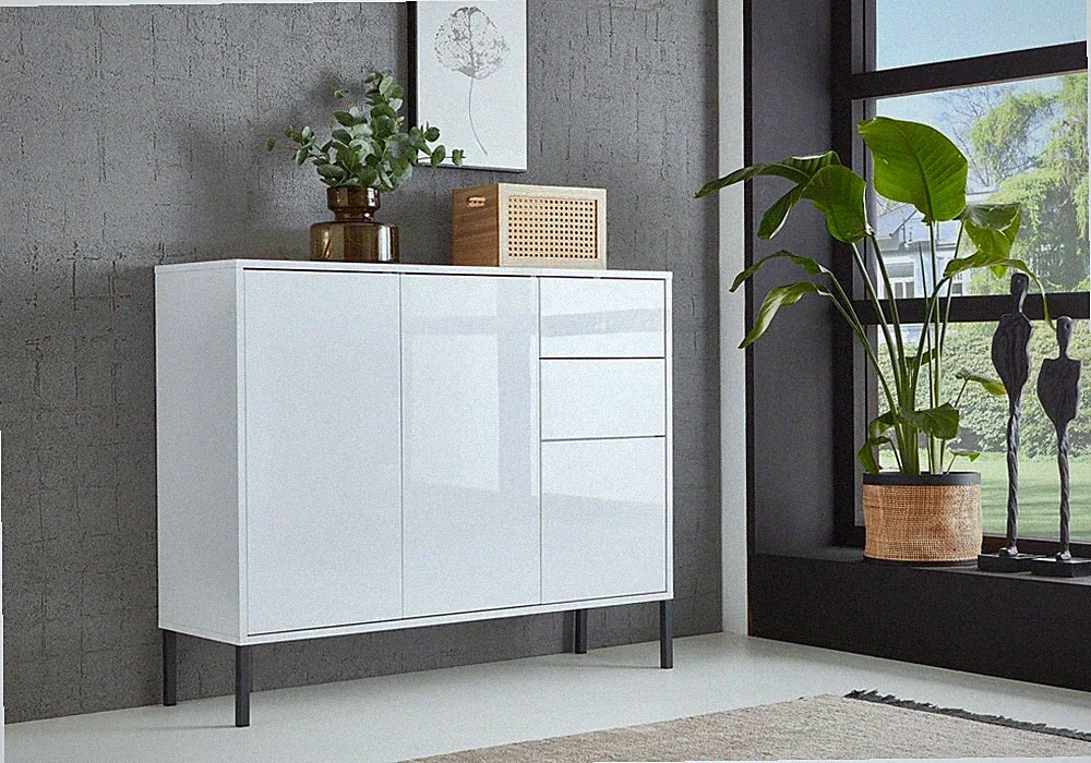 Kommode Schuhschrank BEN 10 Hochglanzfronten Metallfüße weiß lackiert Sideboard
