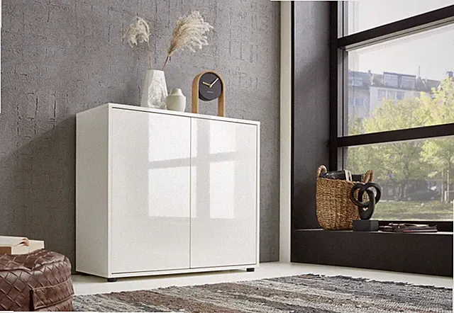 Kommode Schuhschrank BEN 4 Hochglanzfronten weiß lackiert Sideboard push-to-open