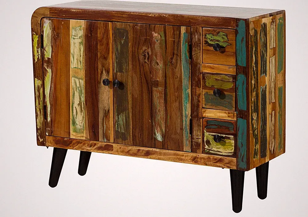 Kommode Sideboard 110cm Schrank Altholz Unikat Massivholz Used-Look Vintage bunt
