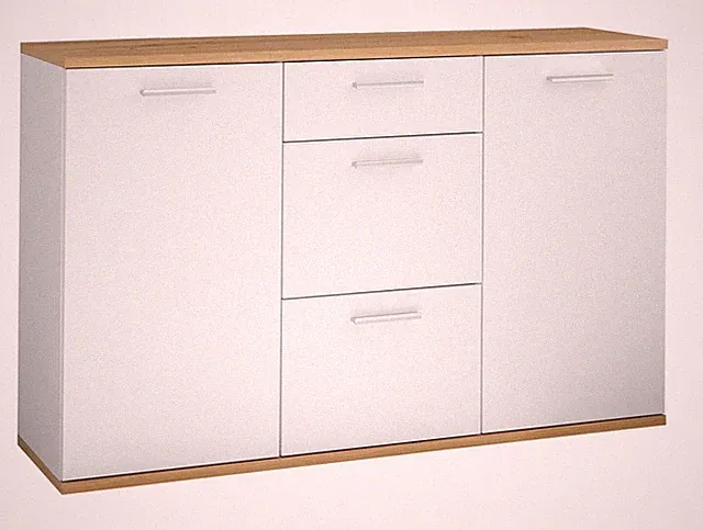 Kommode Sideboard 2 Türen 3 Schubladen Weiß matt Artisan Eiche Dekor 135 x 86 cm
