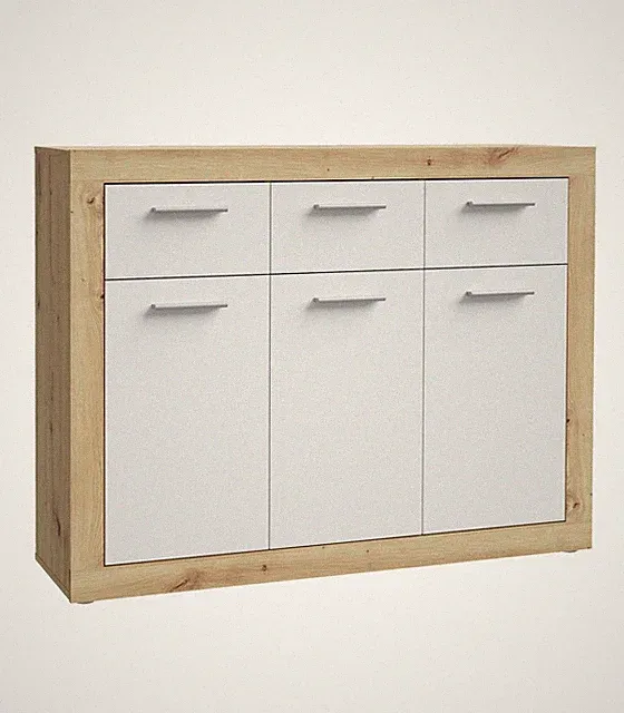 Kommode Sideboard 3 Türen 3 Schubladen Artisan Eiche Dekor Weiß matt 118 x 92 cm
