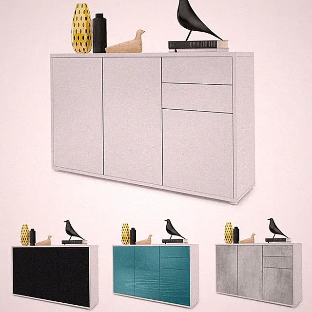 Kommode Sideboard Anrichte Schrank Ben V3 in Weiß - Hochglanz und Naturtöne
