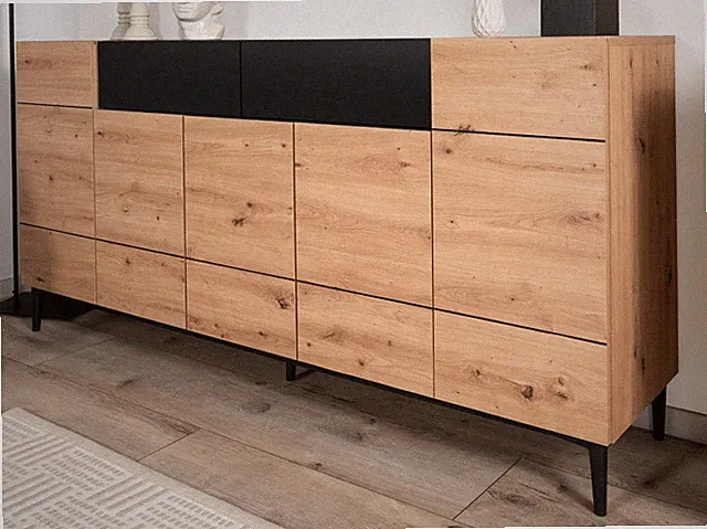Kommode Sideboard Artisan Eiche schwarz Anrichte 180 cm 12 Fächer Schublade Liam
